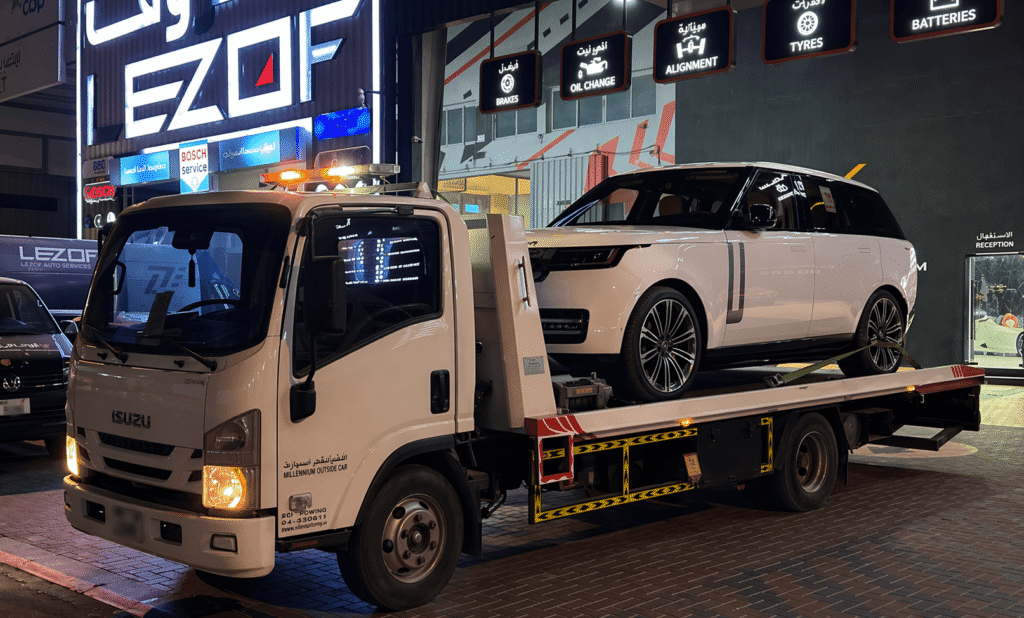 Tow truck at auto service garage