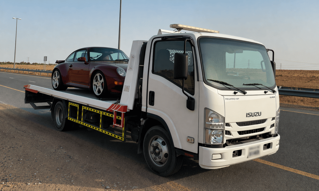 Tow truck with sports car on highway