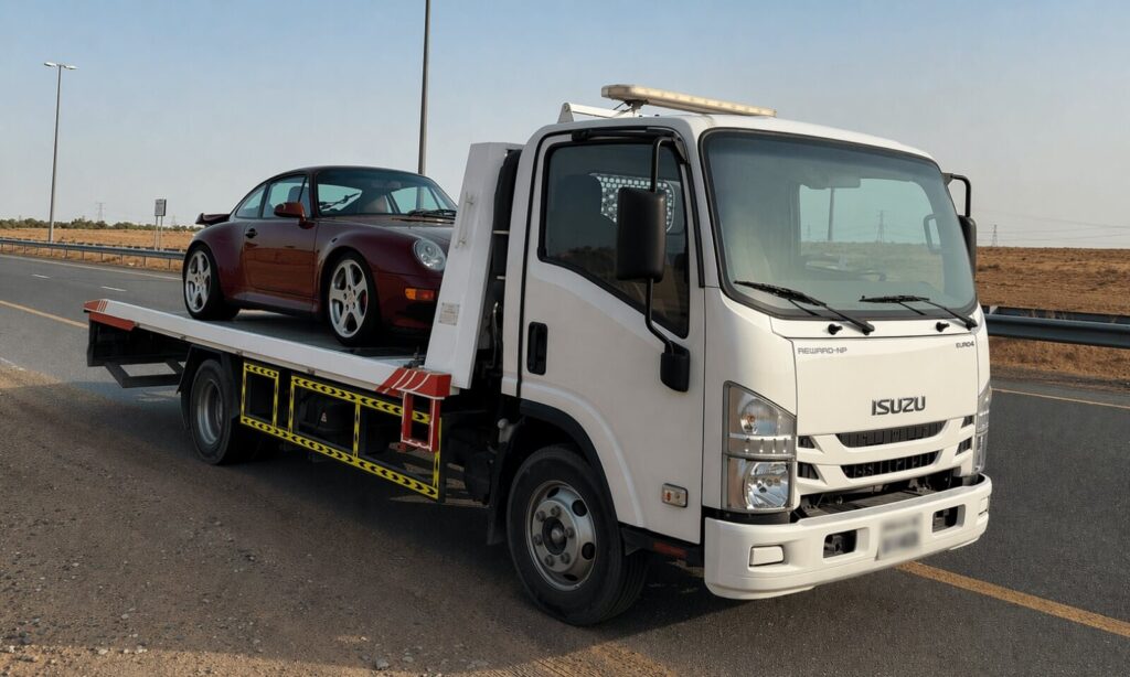 Tow truck with sports car on highway